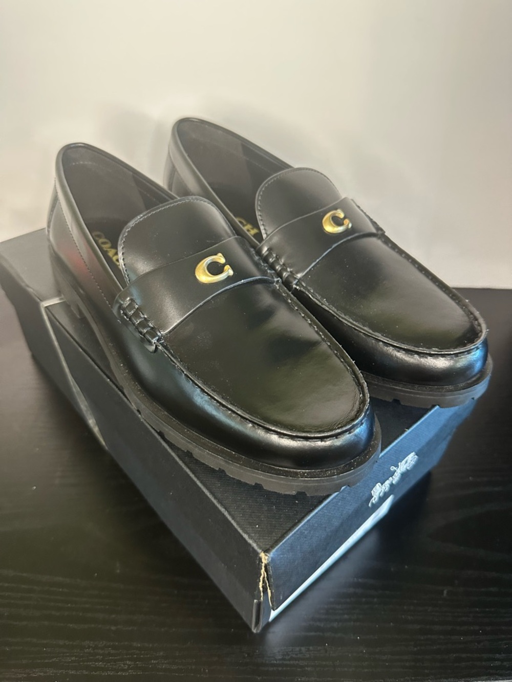 Coach Jocelyn Black Leather Loafers with Gold 'C' Accent Size 7.5 M